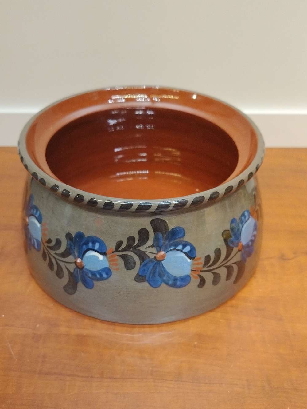 Hand-Painted Blue Floral Art Pottery Ceramic Bowl Signed HRP 2018
